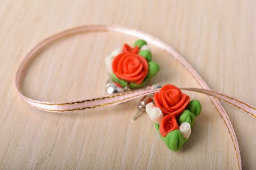 Handmade designer stud earrings with small red cold porcelain rose flowers - MADEheart.com