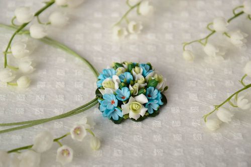 Handmade small round pendant necklace with blue polymer clay flowers on green cord - MADEheart.com