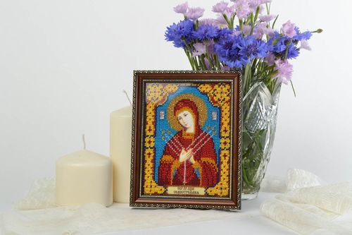 Icon of Blessed Virgin Semistrelnaya embroidered with beads handmade picture - MADEheart.com