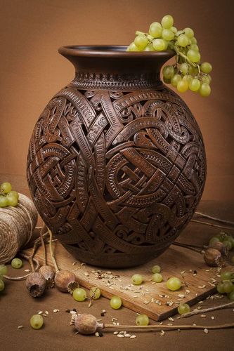 Large decorative brown ceramic 12 inches lace vase décor 4,5 lb - MADEheart.com