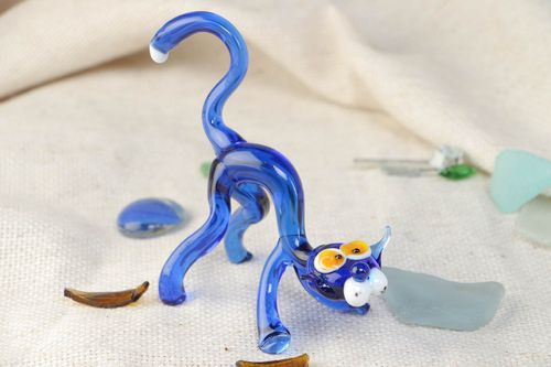Handmade collectible lampwork glass miniature animal figurine of blue cat - MADEheart.com