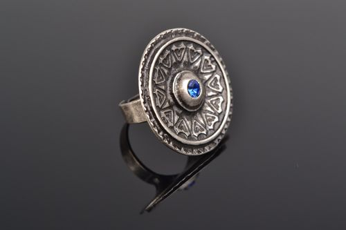 Handmade metal round ring with rhinestone ornamented in ethnic style for women - MADEheart.com