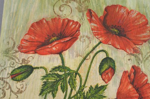 Quadratisches originelles handgemachtes Wandbild aus Holz mit Mohnen Bildern - MADEheart.com