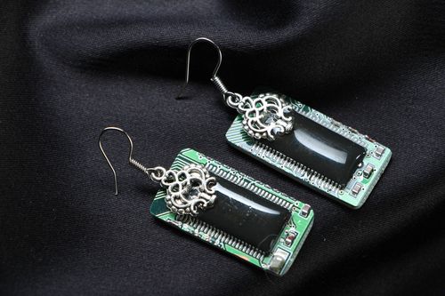 Designer metal earrings with microchips in cyberpunk style - MADEheart.com
