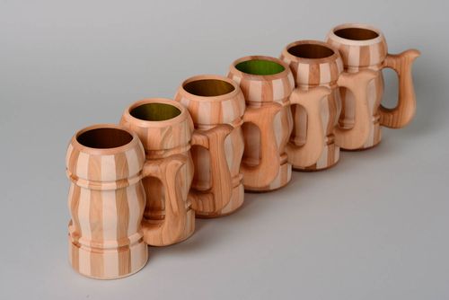 Set of handmade carved striped wooden beer mugs with glass inside 6 items - MADEheart.com