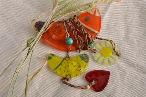 Handmade designer colorful glass wall hanging decoration Red Bird with beads - MADEheart.com