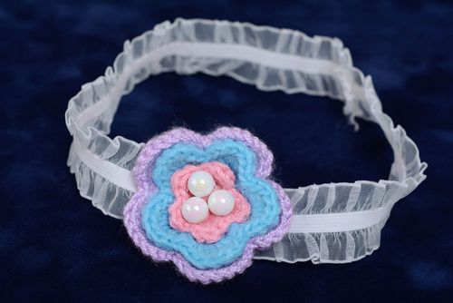 Handmade designer childrens knitted flower headband on lace elastic band basis - MADEheart.com