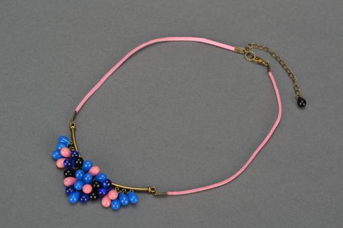 Handmade womens necklace with bright glass beads on suede pink cord - MADEheart.com