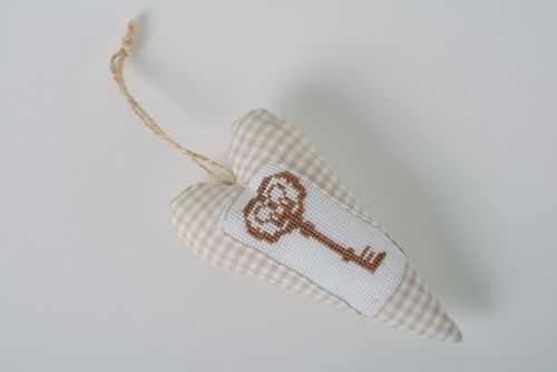 Handmade light checkered fabric soft heart-shaped wall hanging with embroidery - MADEheart.com