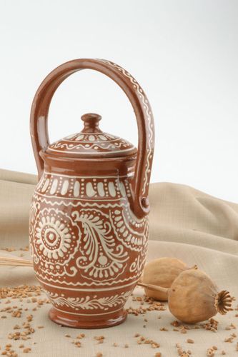 60 oz clay glazed hand-painted terracotta water pitcher with long handle 1,65 lb - MADEheart.com