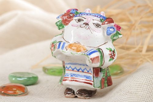 Statuette chatte en céramique peinte faite main style ethnique Ukrainienne - MADEheart.com