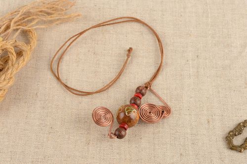 Handmade designer copper wire pendant with wooden beads on cord women accessory - MADEheart.com