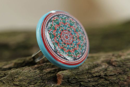 Handmade round polymer clay jewelry ring with ornament coated with glass glaze - MADEheart.com