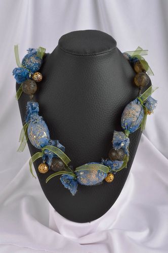 Collier textile Bijou fait main bleu vert en tissus Accessoire femme original - MADEheart.com