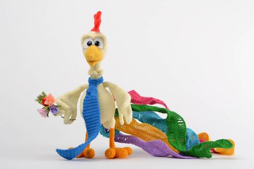Handmade soft toy crocheted of acrylic threads cockerel with bright tail - MADEheart.com