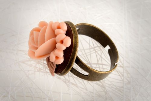 Handmade tender designer jewelry ring with metal basis and polymer clay flower - MADEheart.com