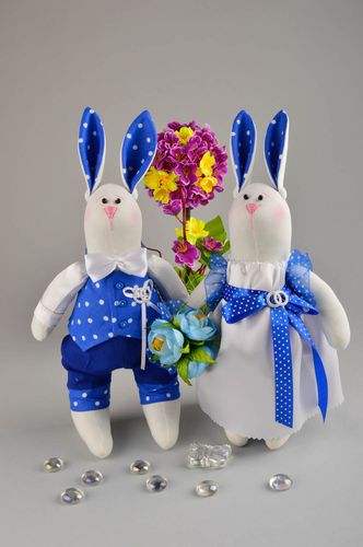 Handmade toys 2 unusual rabbits homemade toys in blue costumes wedding decor - MADEheart.com