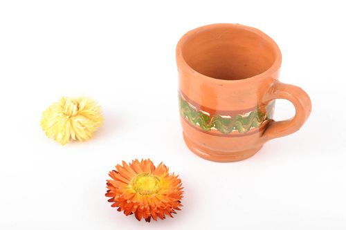 3 oz terracotta glazed drinking cup with handle and rustic style pattern - MADEheart.com