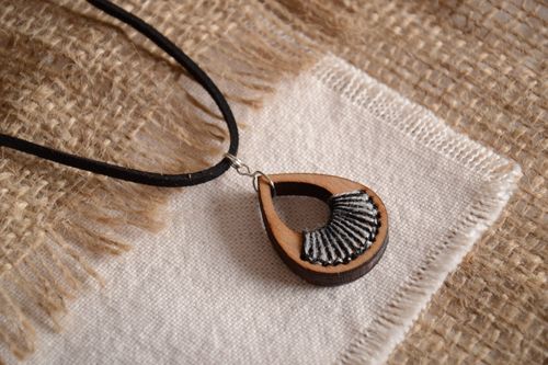 Handmade plywood pendant with embroidery and suede cord for women - MADEheart.com