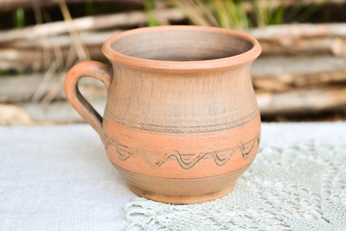 6 oz clay coffee cup in pot shape with handle and plain olive and light brown color design - MADEheart.com