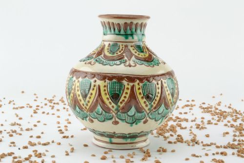 6 inches ceramic handmade vase in village style in green and cherry colors 1,2 lb - MADEheart.com