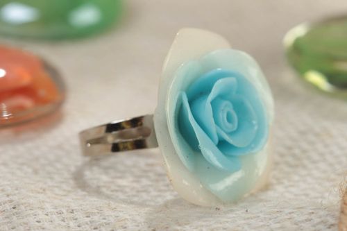 Handmade designer blue jewelry ring with metal basis and polymer clay flower - MADEheart.com