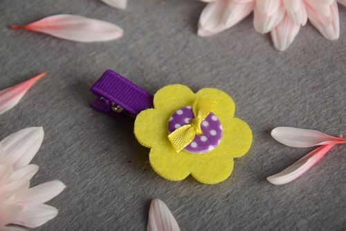 Handmade designer stylish hair clip with flower for girls purple with yellow - MADEheart.com