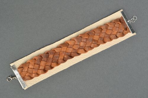 Handmade wide leather bracelet with woven elements - MADEheart.com