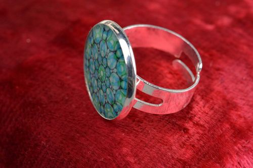 Unusual festive blue handmade designer decoupage ring with print - MADEheart.com