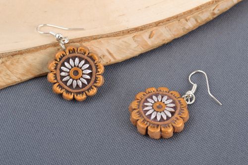 Handmade small tender painted ceramic round floral dangling earrings  - MADEheart.com