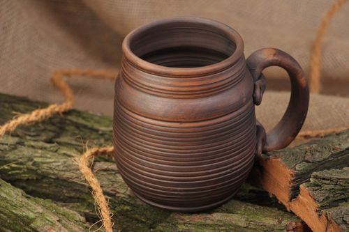Handmade decorative dark brown ceramic beer mug kilned with milk in ethnic style - MADEheart.com