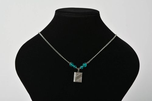 Handmade designer metal locket pendant necklace on thin chain with blue beads - MADEheart.com