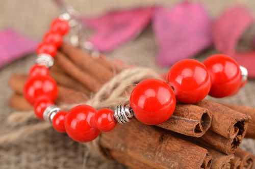 Unusual beautiful homemade designer wrist bracelet with red beads gift for girls - MADEheart.com