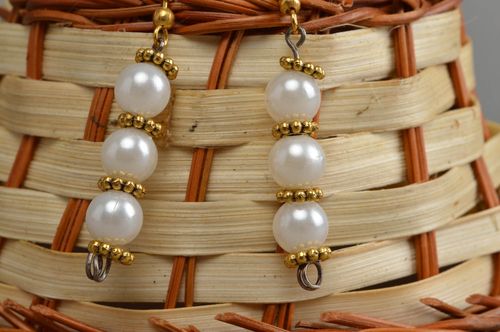 White beaded earrings unusual handmade accessories stylish female jewelry - MADEheart.com