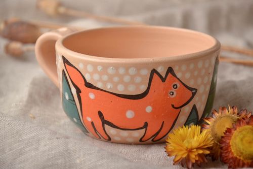 Handmade 5 oz ceramic flat coffee cup with fox - MADEheart.com