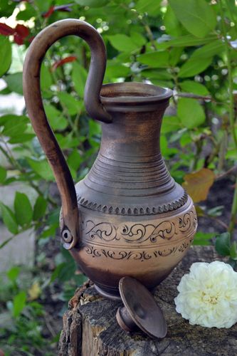 Belle cruche céramique avec couvercle faite main marron ethnique 2 litres - MADEheart.com