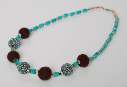 Handmade designer necklace with brown and blue balls felted of wool and seed beads - MADEheart.com