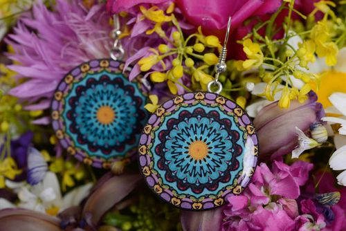 Earrings with decoupage print colored round polymer clay handmade jewelry - MADEheart.com