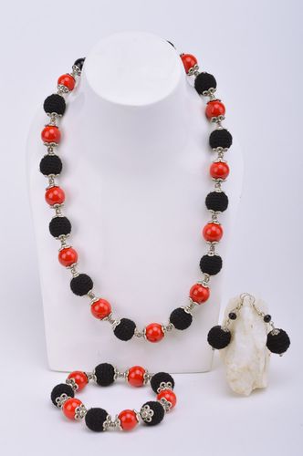 Handmade textile jewelry set 3 items crochet over bead necklace bracelet and earrings of red and black colors - MADEheart.com
