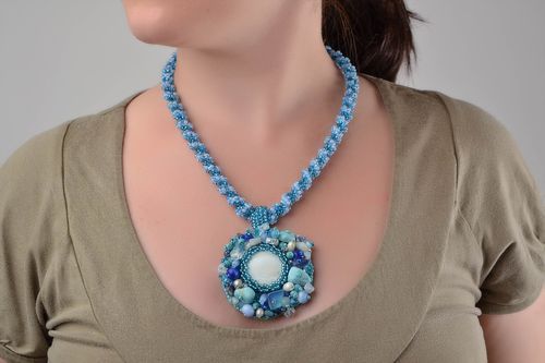 Unusual handmade designer blue beaded necklace with natural stones - MADEheart.com