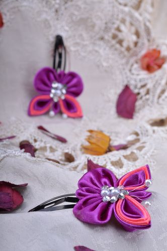 Set of handmade violet fabric hair clips with beads and rhinestones 2 items - MADEheart.com