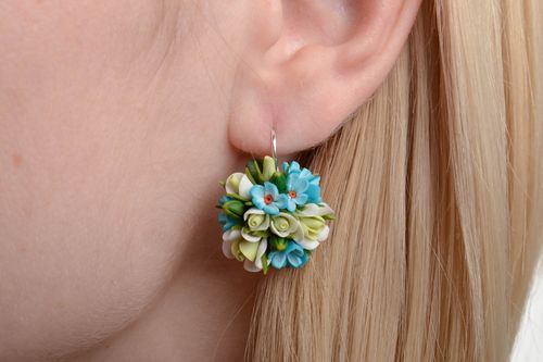 Handmade tender earrings with tiny blue and green polymer clay flowers - MADEheart.com