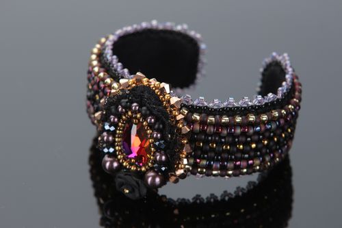 Elegant handmade wrist bracelet embroidered with beads and crystals for ladies - MADEheart.com