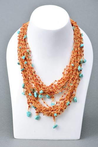 Unusual multi-row handmade ginger necklace woven of Czech beads and blue coral - MADEheart.com