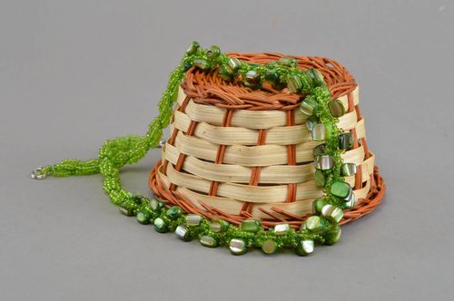 Green necklace with mother of pearl and handmade beaded designer accessory - MADEheart.com