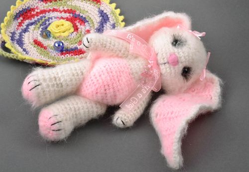 Handmade decorative toy bunny white with pink beautiful crocheted interior element - MADEheart.com