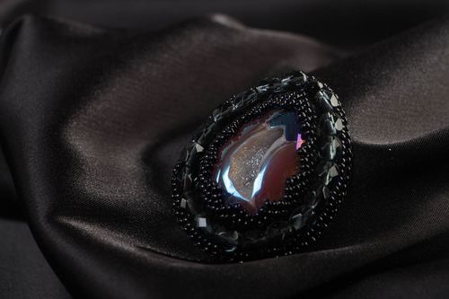 Womens handmade oval beaded brooch with Czech beads and natural agate stone - MADEheart.com