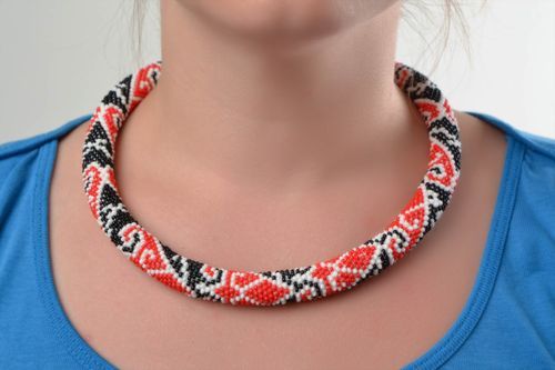 Unusual design handmade beaded cord necklace with ethnic patterns - MADEheart.com
