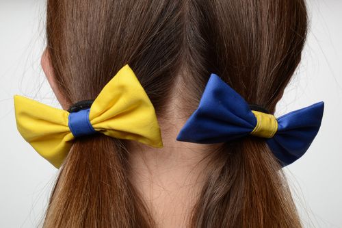 Set of handmade fabric bow hair ties 2 items yellow and blue hair accessories - MADEheart.com