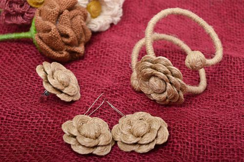 Unusual handmade cord jewelry set handmade earrings bracelet designs flower ring - MADEheart.com